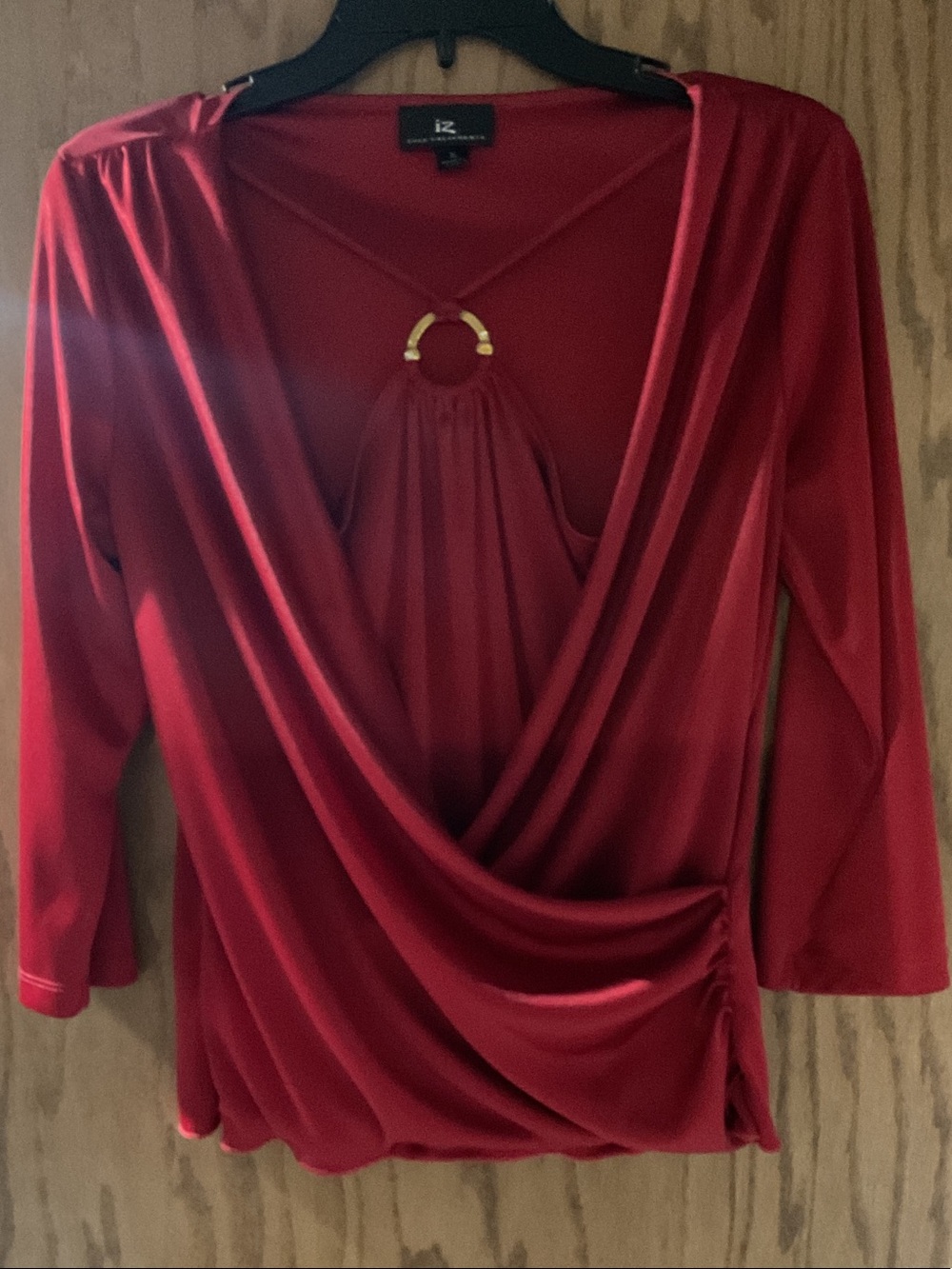 Red Draped V-Neck Blouse with Ring Detail